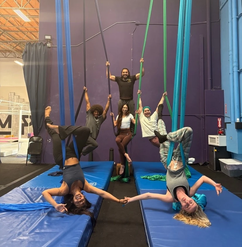 group of friends posing on aerial silks during a private party